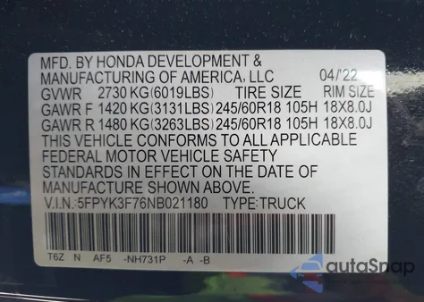 2022 Honda Ridgeline Rtl-E z USA, uszkodzony, nr VIN 5FPYK3F76NB021180